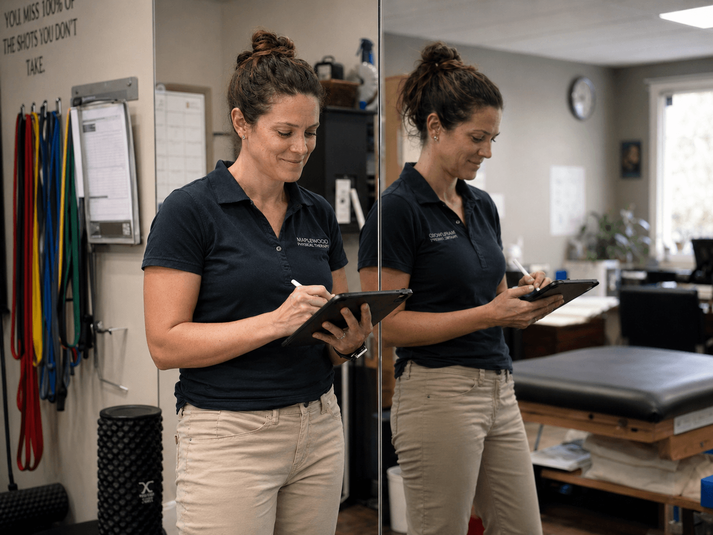 A fulfilled physical therapist looking in a mirror